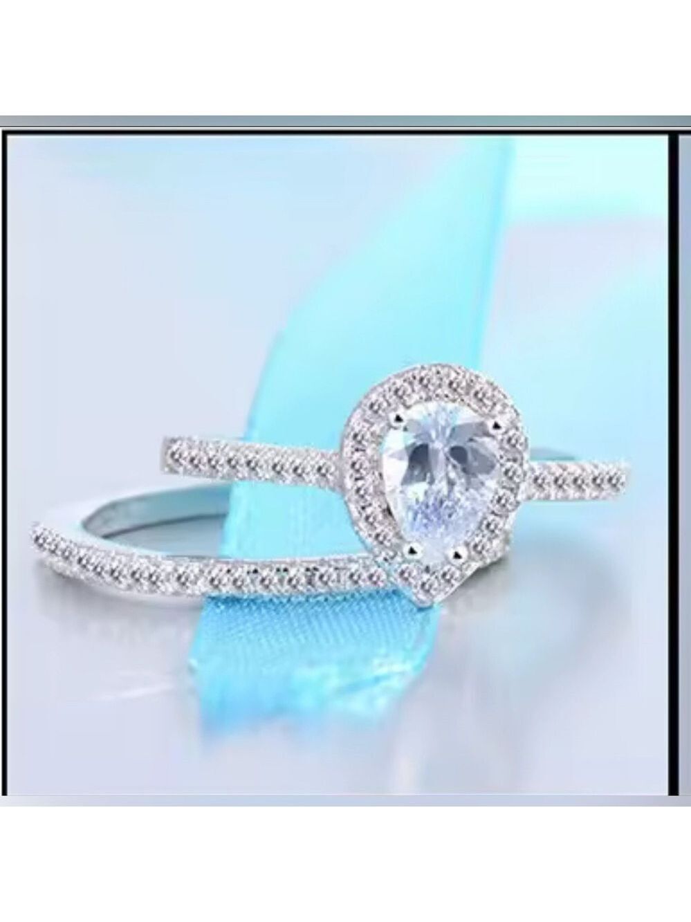 S925 Sterling Silver CZ Diamond Teardrop Engagement Wedding Ring Set